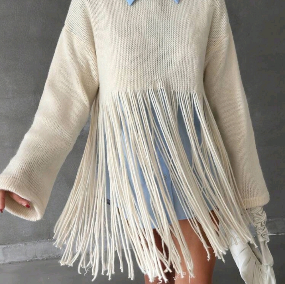 Fringe Accent Pullover Sweater Women High Neck Soft American Style Knitted - Picture 7 of 8